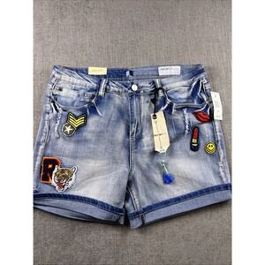 ban-jara Gypsy Denim Shorts Distressed Embellished Patches Cuff Hem Womens SZ 31